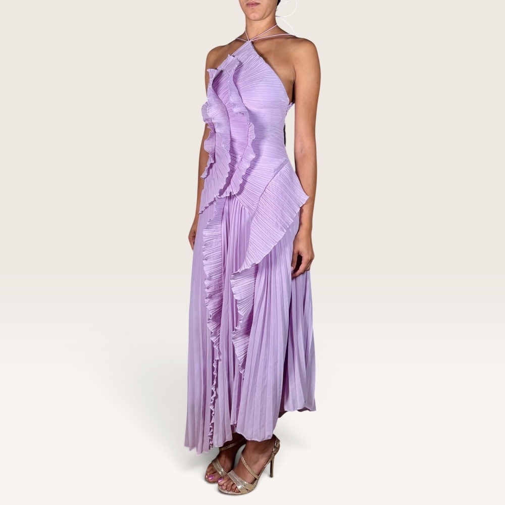 Lavender Accordion Pleated Halter Maxi Dress Small EUC Asymmetric Fairy Mermaid - Picture 4 of 7
